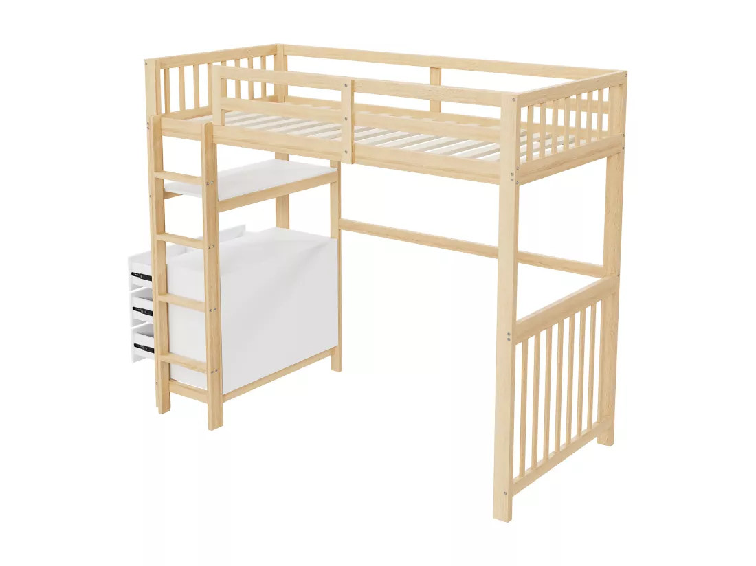 Lit mezzanine 90 x 200 cm avec avec bureau, étagère & 6 tiroirs - bois de pin et MDF - blanc et naturel (sans matelas)