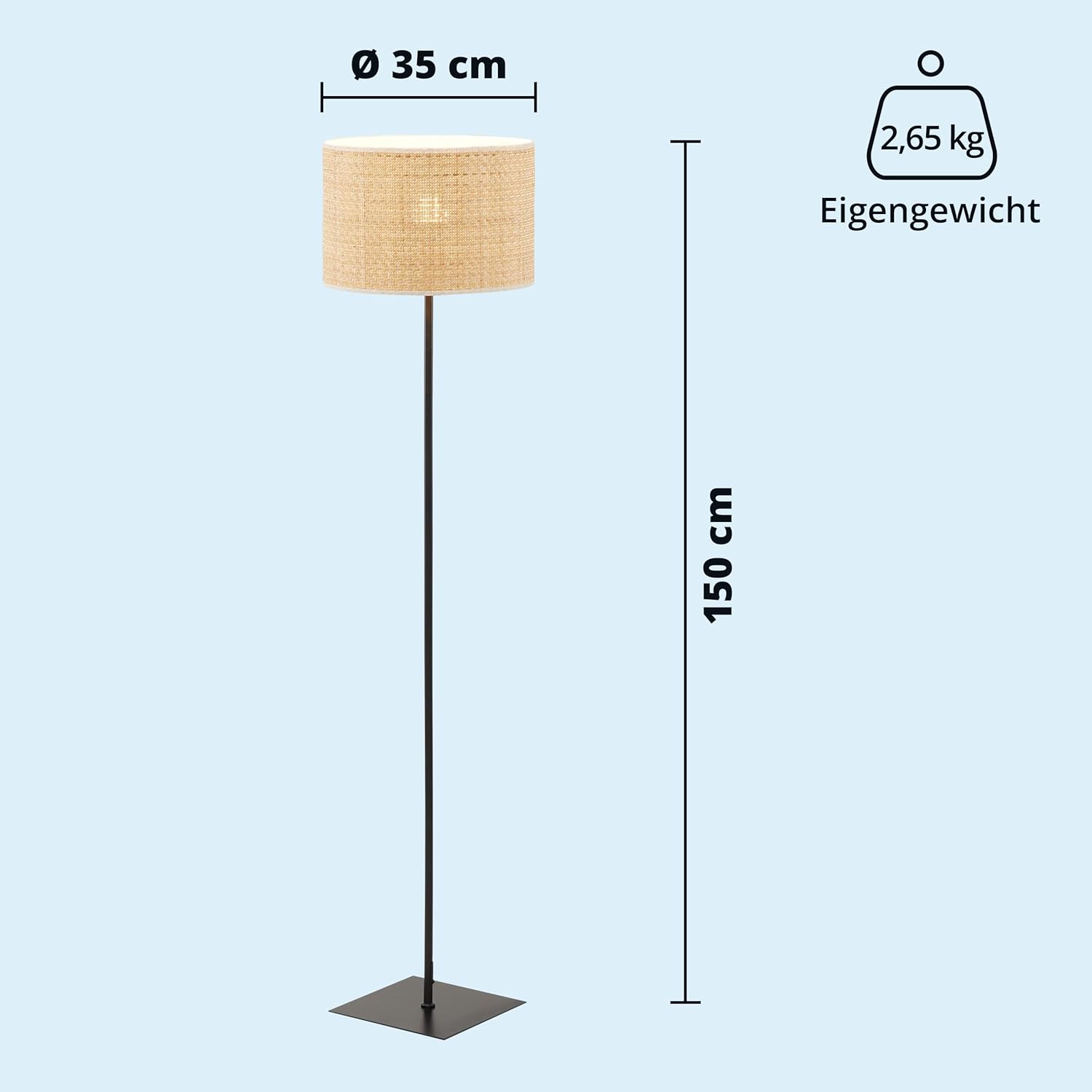 KHG Stehleuchte, 1-flammig, schwarz, Höhe 160 cm, modernes Design mit Rattanschirm, eleganter Look für Wohnzimmer, Schlafzimmer oder Büro, stimmungsvolle Beleuchtung, passend für E27-Leuchtmittel