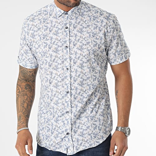 Chemise Manches Courtes Blanc Bleu Clair Floral