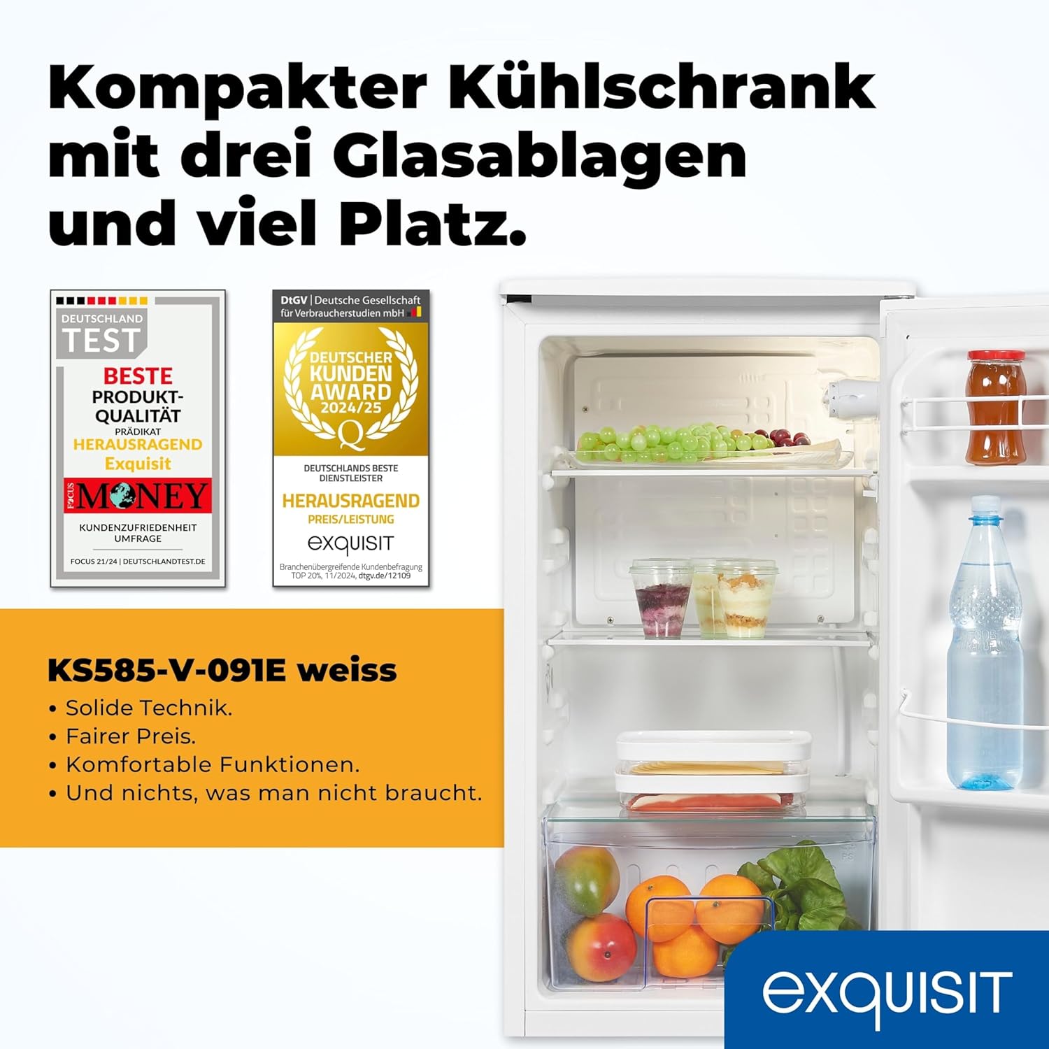 Exquisit Vollraumkühlschrank | 76 l Nutzinhalt, Energieeffizienzklasse E, 41 dB(A) | kompakt, LED-Innenbeleuchtung, manuelle Temperaturregelung, Glasablagen, Gemüseschublade | KS585-V-091E weiss
