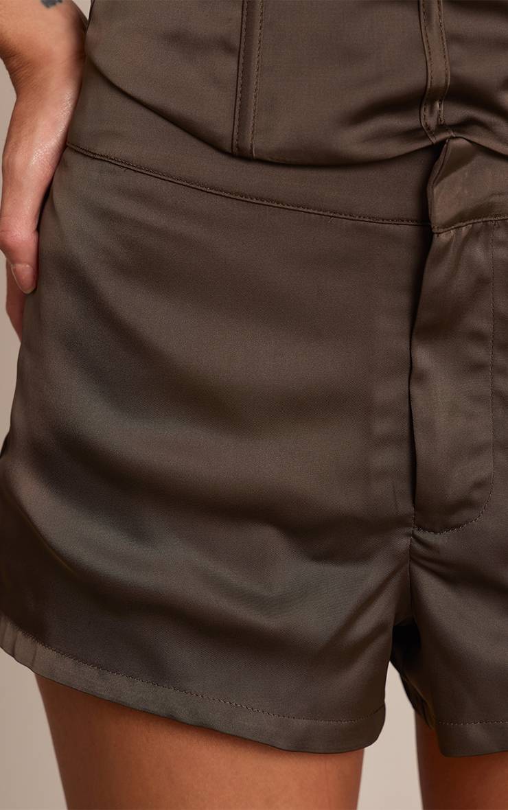 Marron Foncé Short Taille Basse En Satin