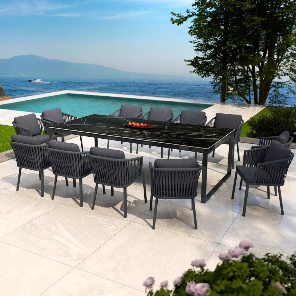 Table de jardin en aluminium et céramique 12 places (260 x 120 cm) Kore Noir marbré