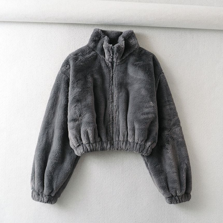 Sundine - Effen, pluizig cropped jack met opstaande kraag en rits