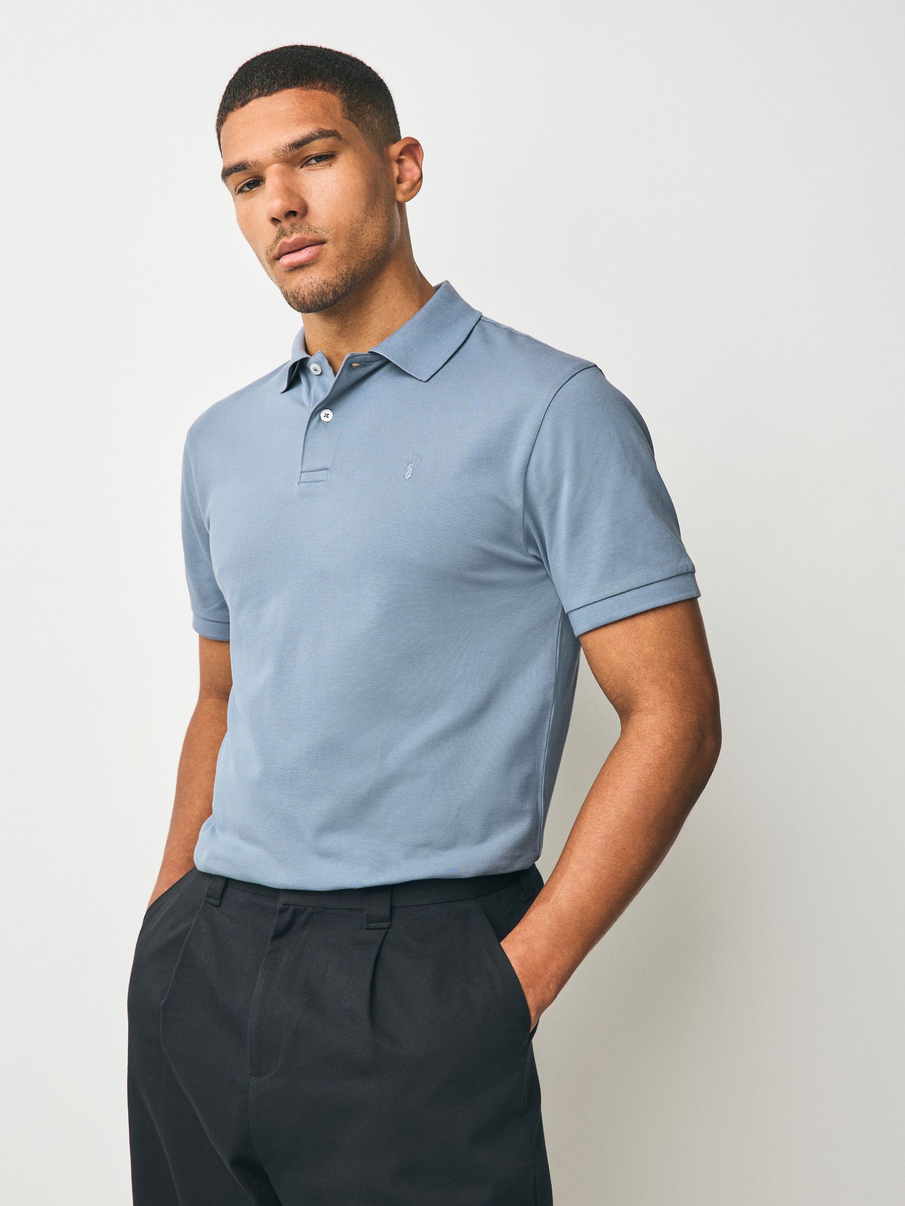 Staalblauw - Slim Fit - Long-Sleeve Pique Polo Shirt