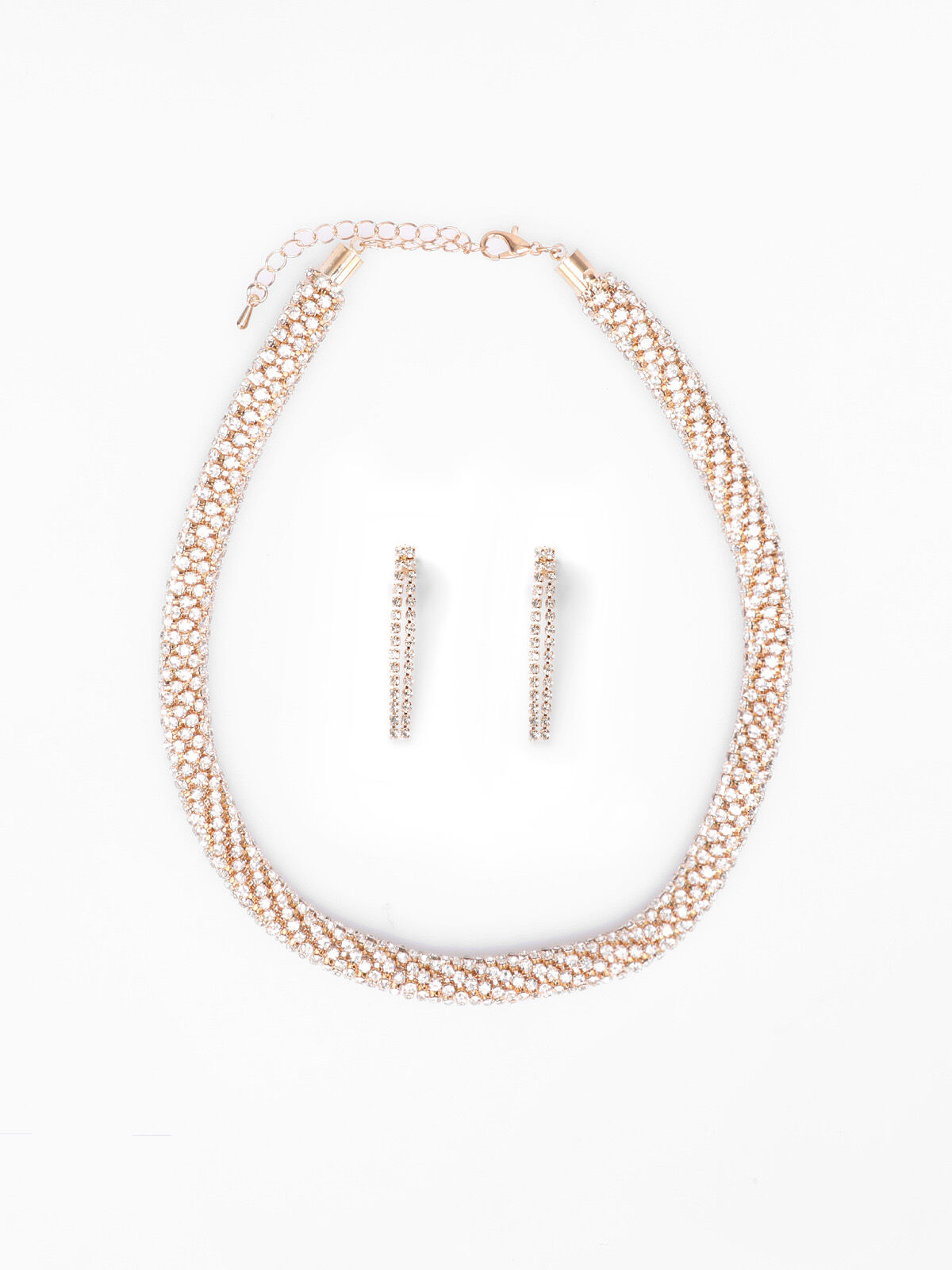 Parure collier tubulaire et boucles en strass- Doré