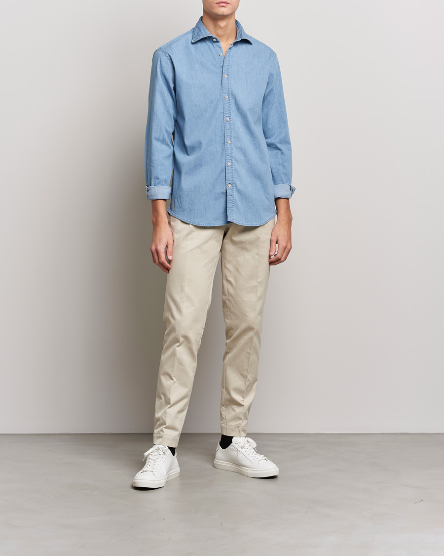 Stenströms Fitted Body Garment Washed Shirt Light Denim