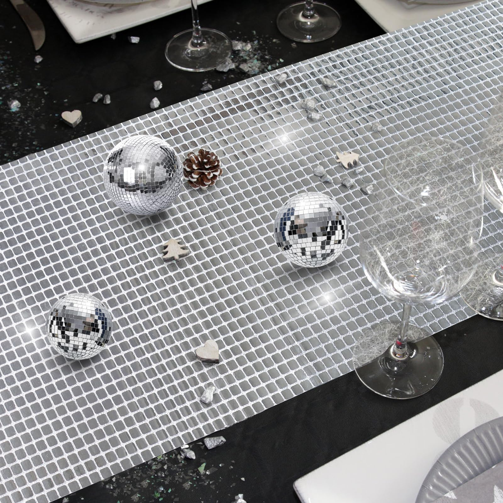 (2er Set) 180x30cm Disco Tischläufer Party Deko Pailetten Tischtuch Glitzer Tischdecke - Silber