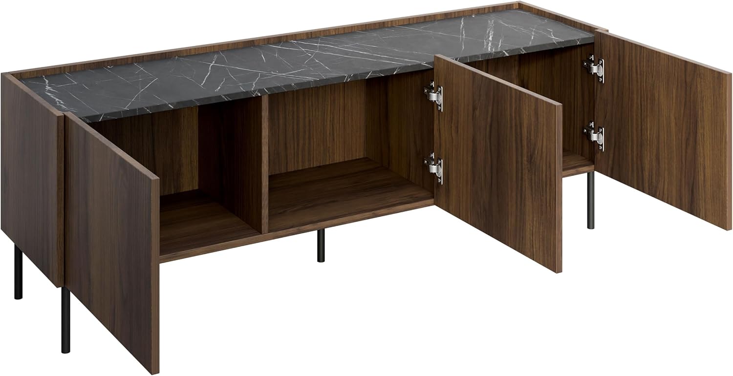 Mirjan24 TV Lowboard Tewos 144, TV Schrank mit 3 Türen, gedämpftem Schließsystem, Fernsehschrank, Fernsehtisch, Unterschrank (Nuss Warmia + Marmor Schwarz)