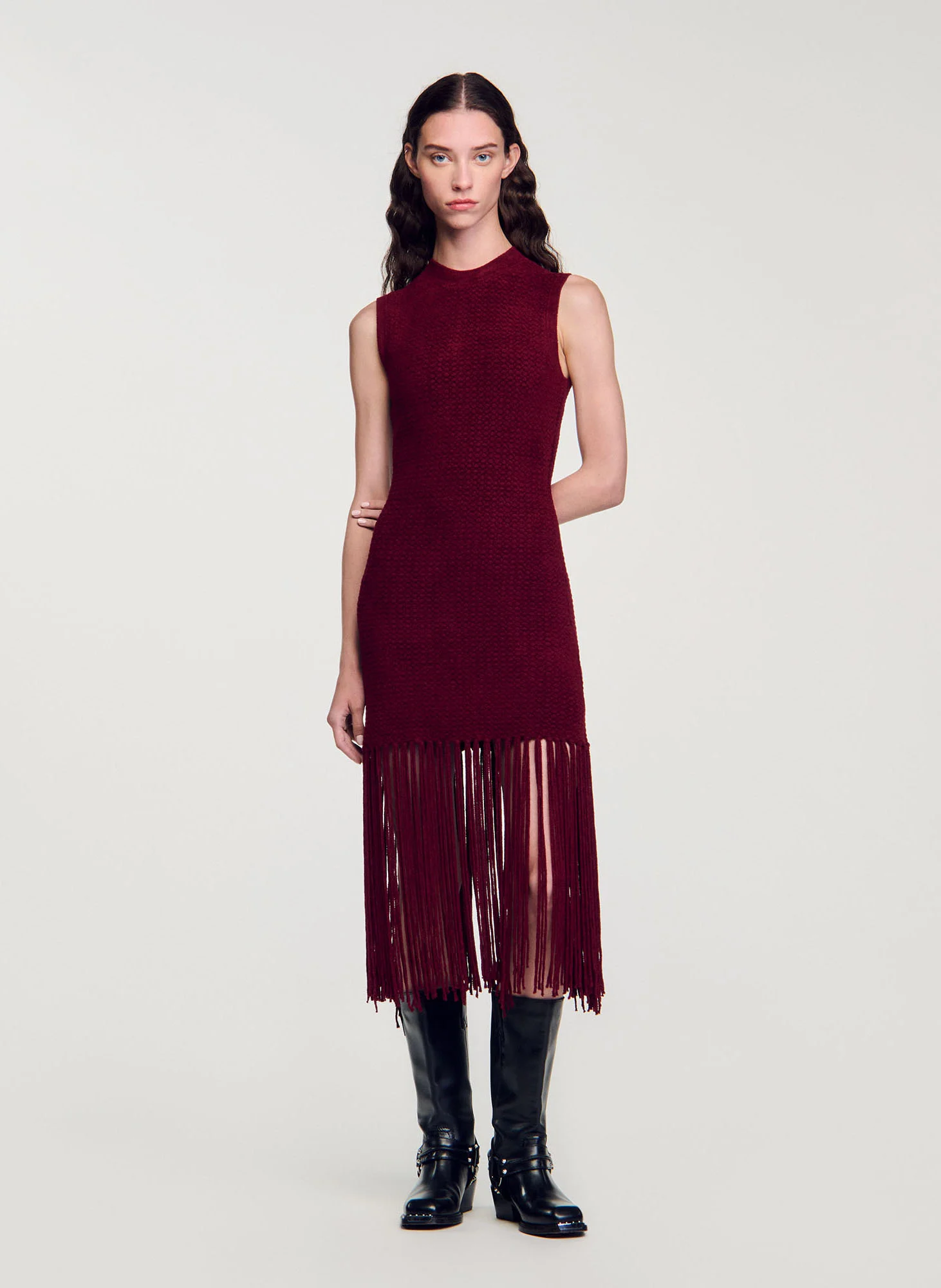 Robe midi col rond en maille | Rouge