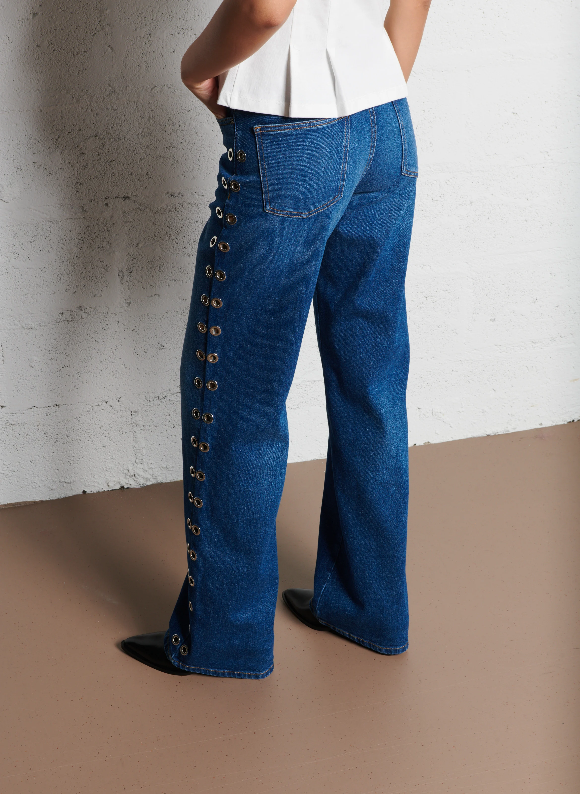 RICHIE - Jean large taille haute en coton stretch| Bleu