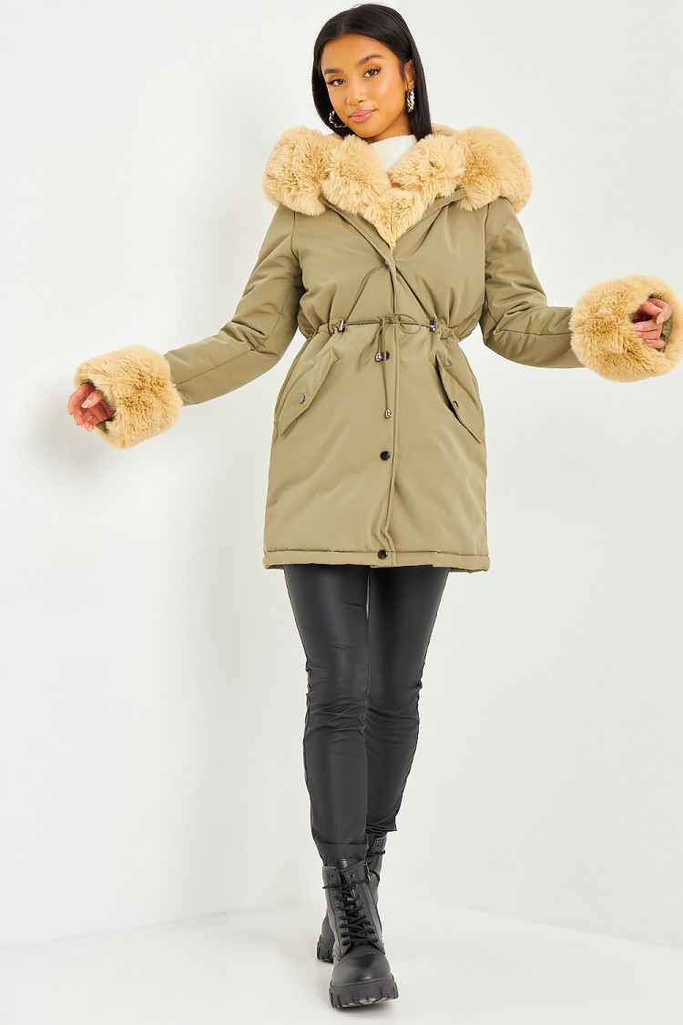 Parka kaki à fourrure beige