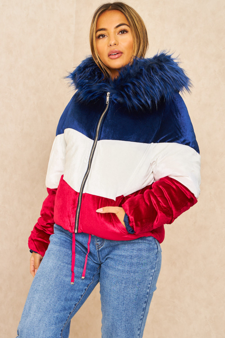 Doudoune tricolore en velours bleu
