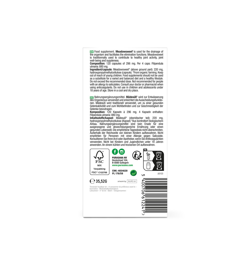 Purasana Moerasspirea/Reine Des Pres Vegan Bio (120 vega capsules)