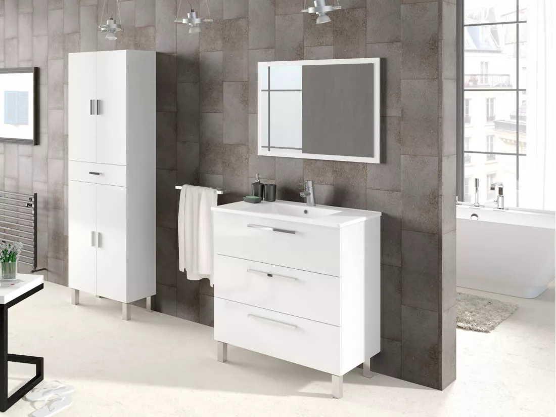 Meuble sous-vasque Dlo, Meuble de salle de bain, armoire 3 tiroirs et miroir, lavabo non inclus, 80x45h86 cm, Blanc brillant