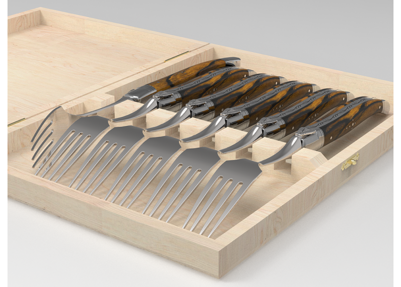 Service de 6 fourchettes Laguiole avec un manche en bois d'ébène royal et mitres en acier inoxydable