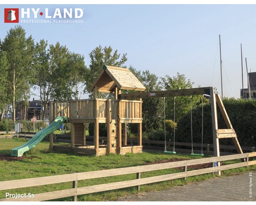 Hyland Project 5S houten speeltoren met zandbak, dubbele schommel, glijbaan, groen