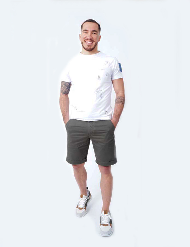 RECYCLED ART WORLD SHORT CHINO STRETCH PRINT MILITARY GREEN