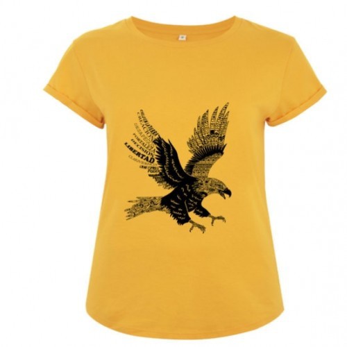 Camiseta feminina de algodão de manga curta, cor amarela com estampa de águia.