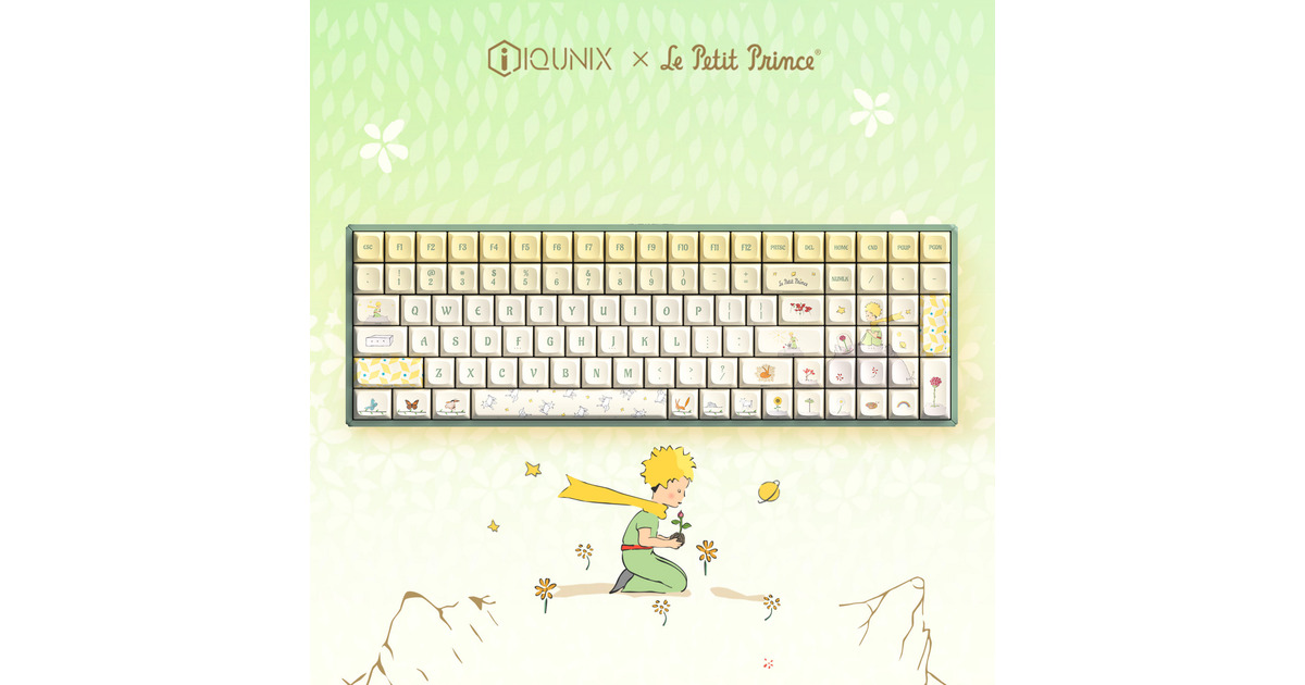 IqunixF97 Floral Date, gaming toetsenbord  (Groen/wit, US lay-out, IQUNIX Little Prince, RGB leds, 96%, Hot-swappable, PBT, 2.4GHz | Bluetooth 5.1 | USB-C)