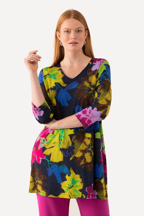 Slinkyshirt, Blüten, V-Ausschnitt, 3/4-Arm