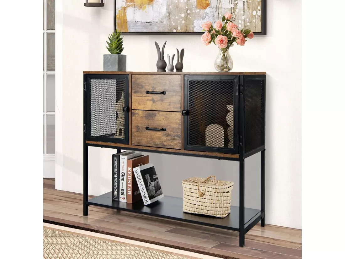 Buffet Salle à Manger, Buffet Salon Industriel avec 2 Placards, 2 Tiroirs, 2 Portes en Maille Fer, Meuble Cuisine Rangement, Marron Rustique, 100 X 35 X 85 CM