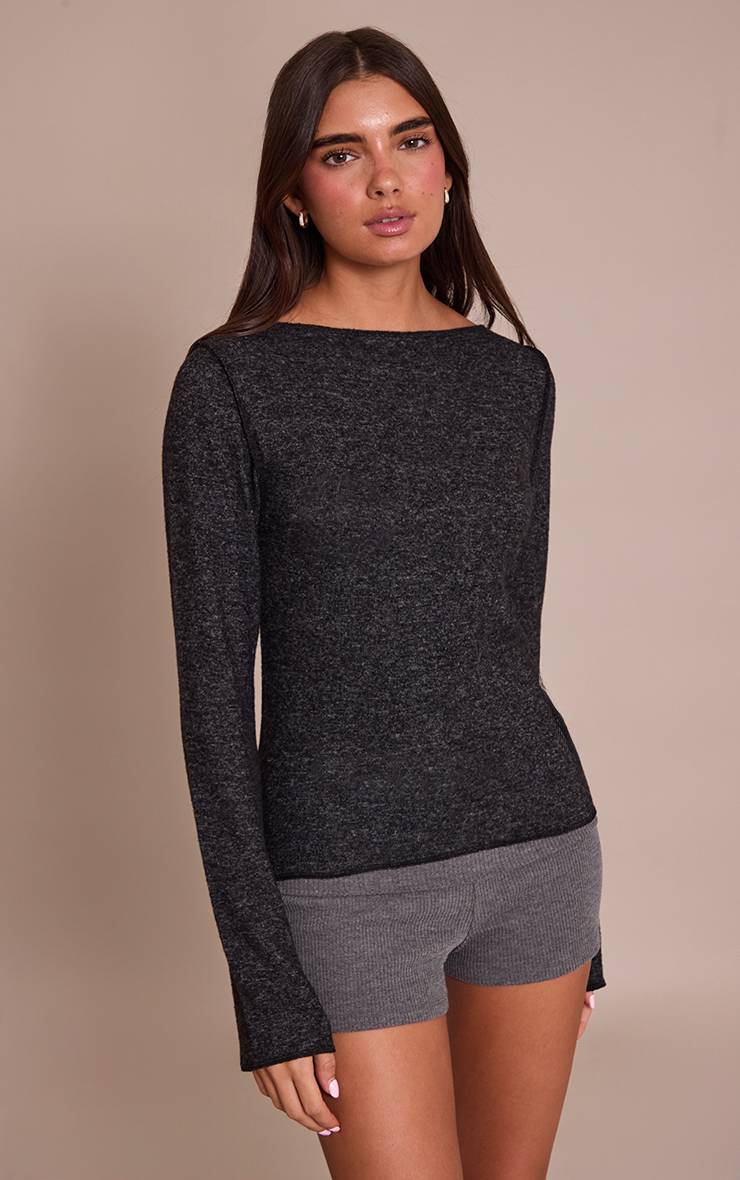 Charcoal Grey Haut En Maille Douce Sable À Encolure Droite Et Manches Longues