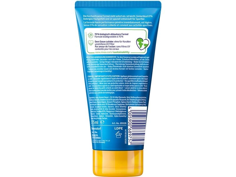 NIVEA SUN Sonnencreme UV Dry Protect Sport Tube LSF 30 175 Das UV Dry Protect Sport Cream-Gel LSF 30 ist schweissresistent, bietet sofortigen und zuverlässigen Schutz und sorgt für ein angenehmes Hautgefühl: UV Dry Protect Sport Tube LSF 30