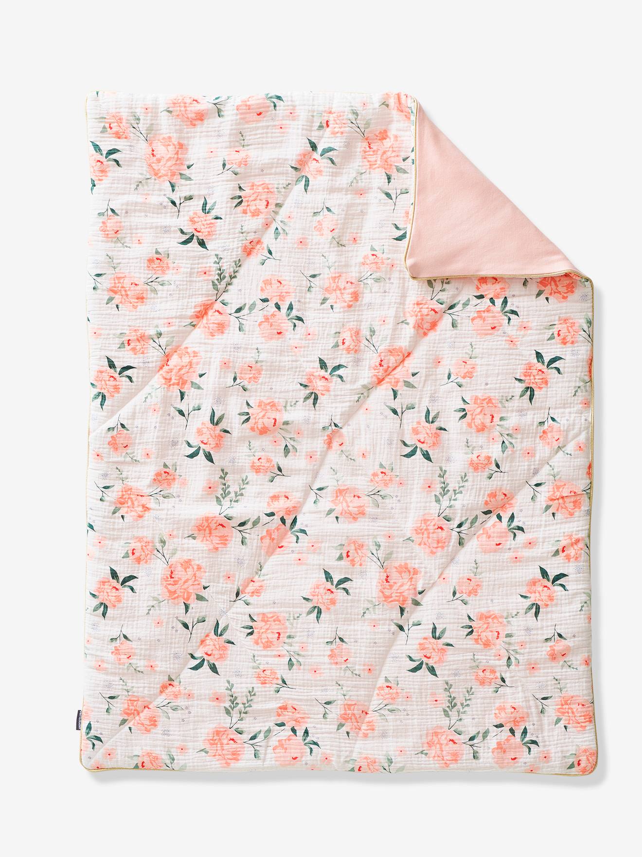 Manta de bebê em gaze de algodão tricotada, lisa, rosa claro com estampas.