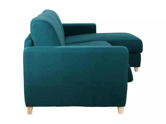 Canapé d'angle convertible réversible avec coffre 4 places en tissu bleu canard et bois clair GRAHAM