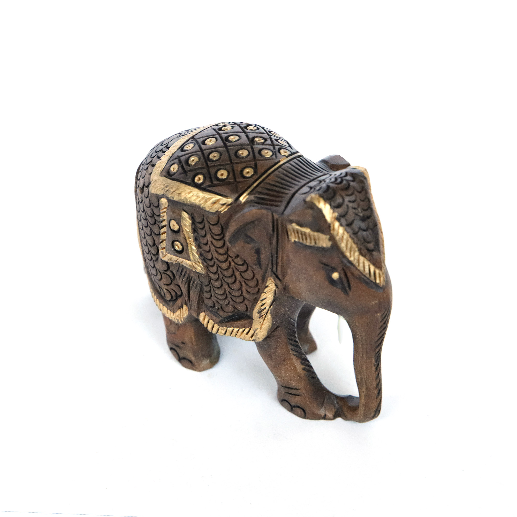 Elefant aus Holz mit Sattel, braun, gold, H 8 cm, B 10 cm, T 5 cm von fischer's lagerhaus