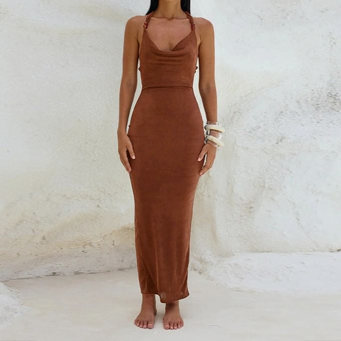 Alizio - Effen maxi-schede-jurk met halter en col