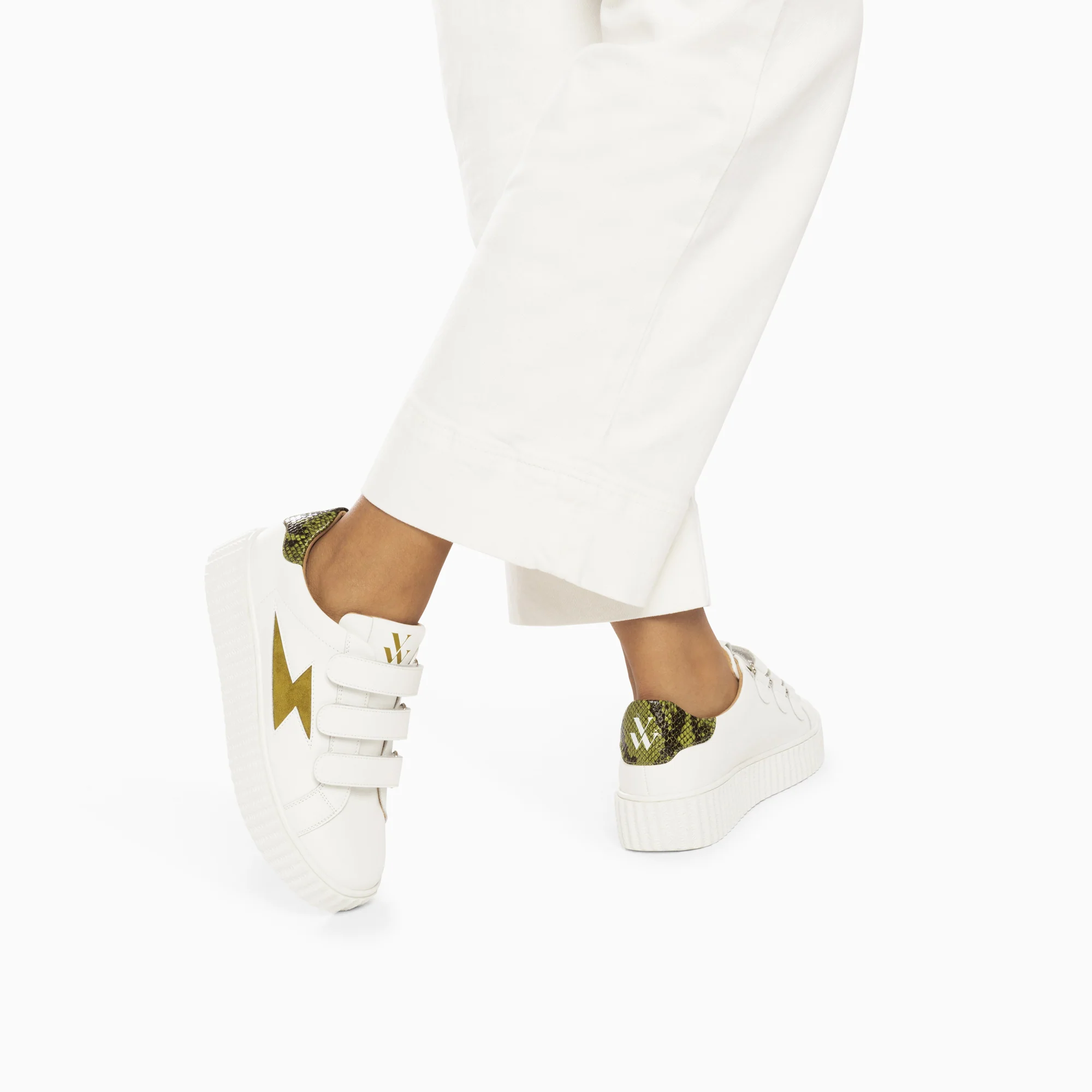 Sneakers-Baskets éclair Susan blanc et kaki à scratchs