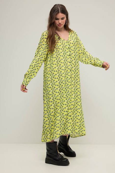 Maxikleid, A-Line, Allover-Print, V-Ausschnitt, Knopfleiste