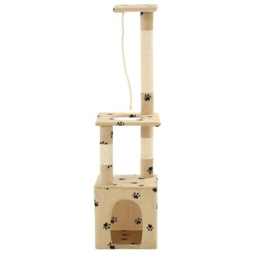Arranhador com poste de sisal e caverna bege com pegadas de patas.
