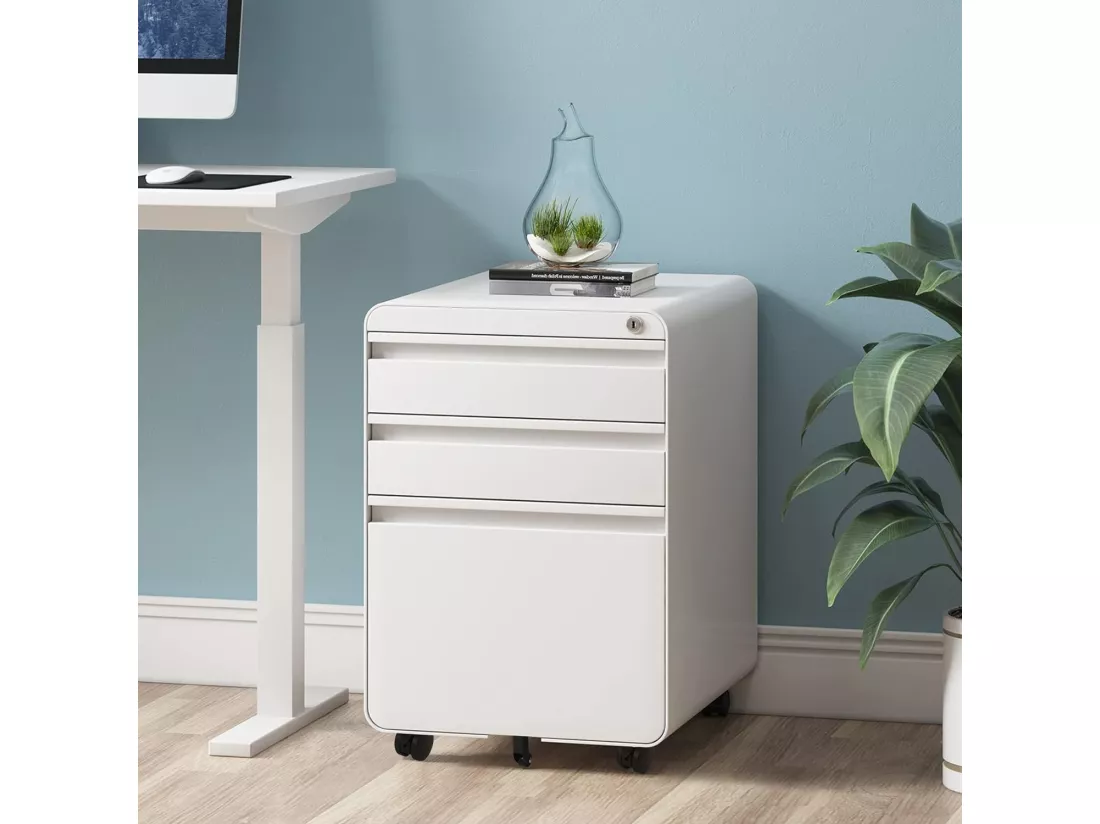 Caisson de Bureau à Roulette 3 Tiroirs,Meuble Dossier Suspendu,Classeur Métal Verrouillable pour Bureau,Bureau à Domicile - 40x45x60cm - Blanc