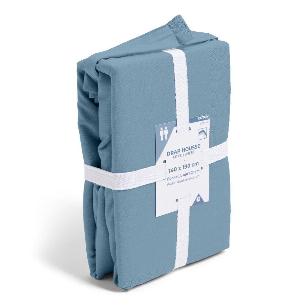 Drap housse 140x190cm 100% coton bleu chiné