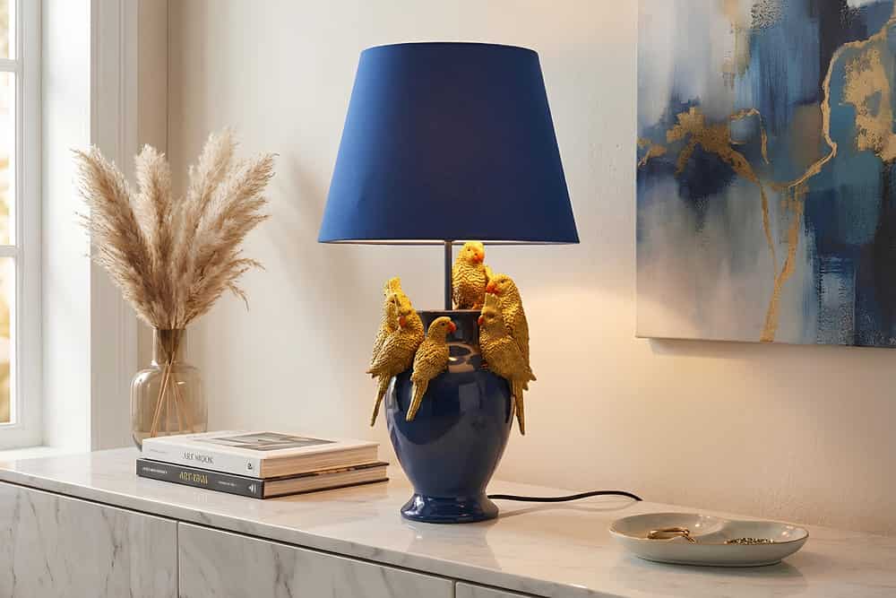 Handgefertigte Tischlampe PARROT 55cm blau gold Papagei-Skulptur Stoffschirm