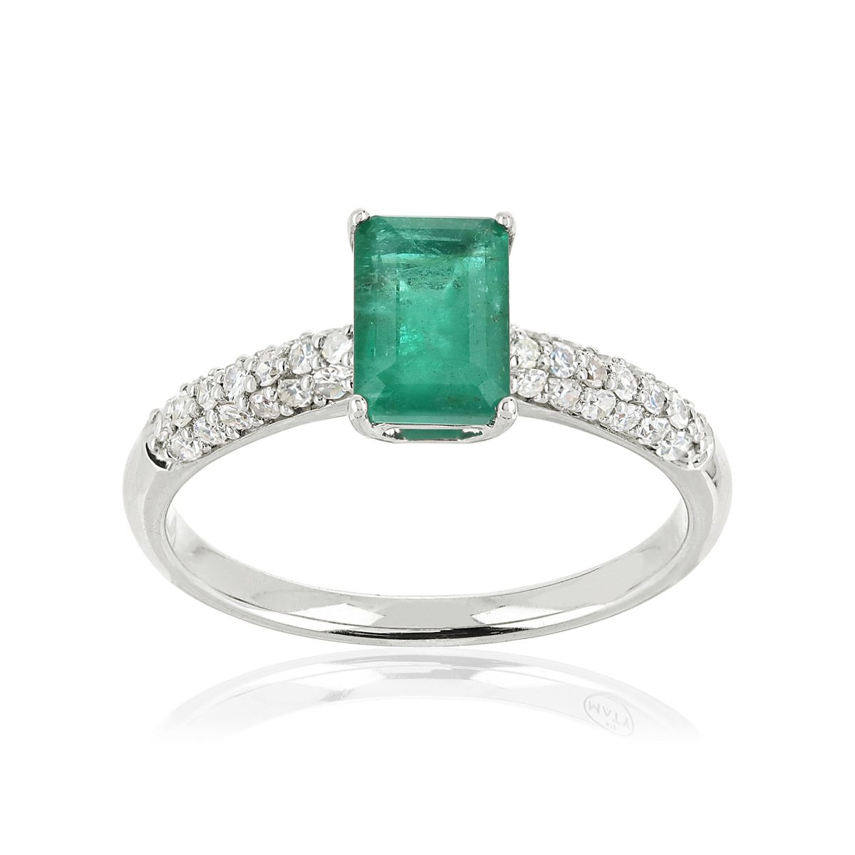 Bague or 750 blanc émeraude rectangulaire et diamants