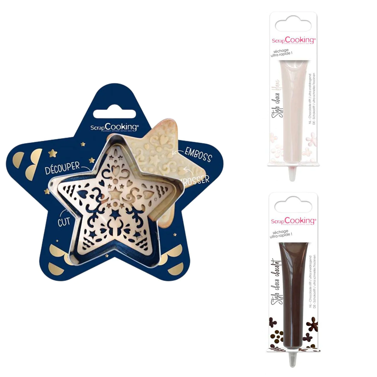 Kit pour biscuit en relief Étoile + 2 Stylos au chocolat blanc et marr