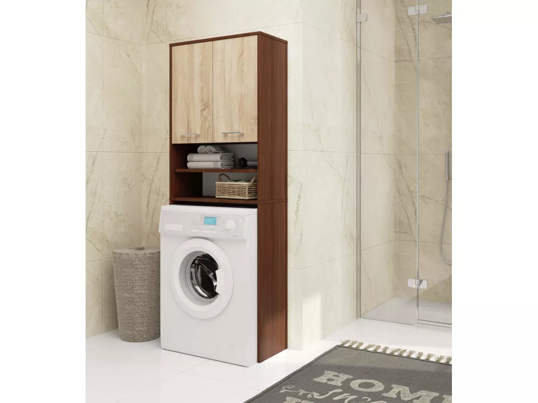 Meuble pour machine à laver FIN Wengé 64 cm 2 portes façade Chêne Sonoma niche 4 étagères 64x30x180 cm