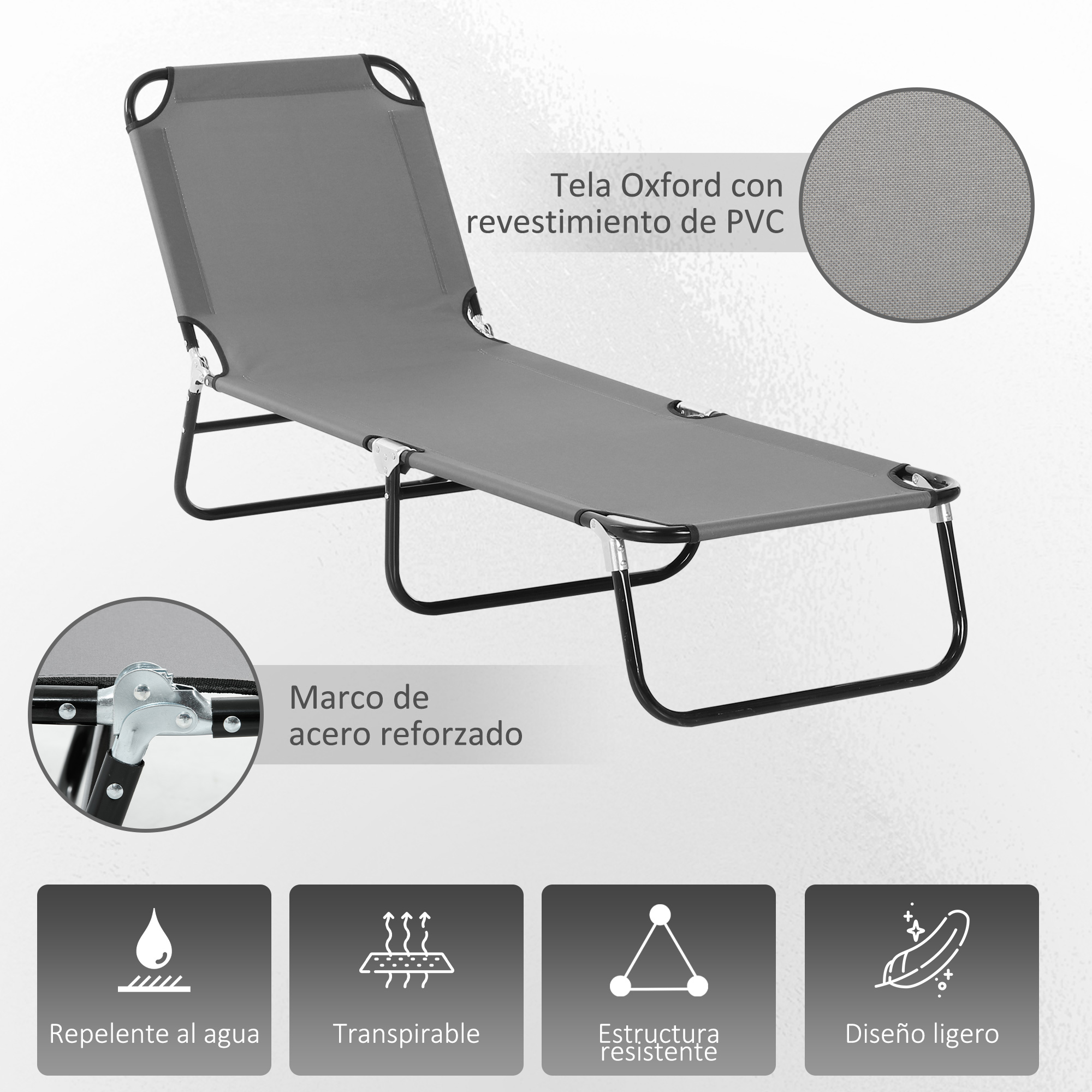Espreguiçadeira dobrável e reclinável Outsunny com 5 ângulos ajustáveis para jardim, piscina, terraço e camping, capacidade de carga de 120 kg, 190 x 56 x 28 cm, cinza.