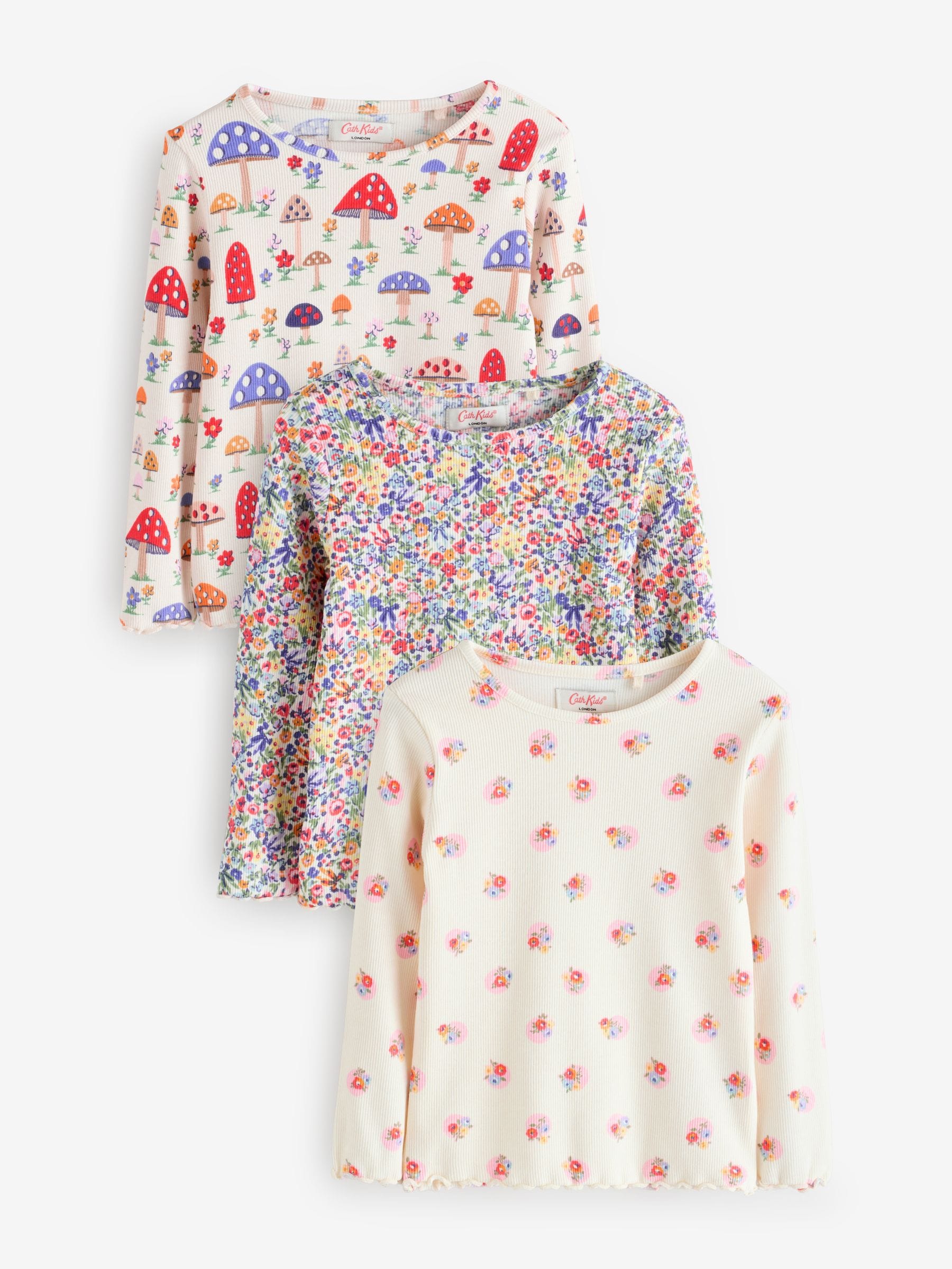 Marineblauw - Cath Kidston T-shirts met lange mouwen en ribbels met bloemenprint, verpakking van 3 (3 mnd - 7 jr)