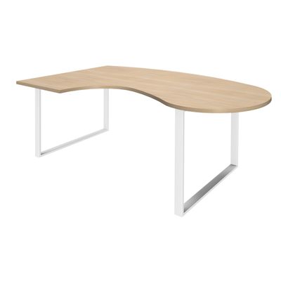 Bureau LOFTER Manager arrondi - retour à gauche - L200 cm - Plateau imitation chêne clair - Pied blanc (Pieds de renfort obligatoire à rajouter - non inclus)
