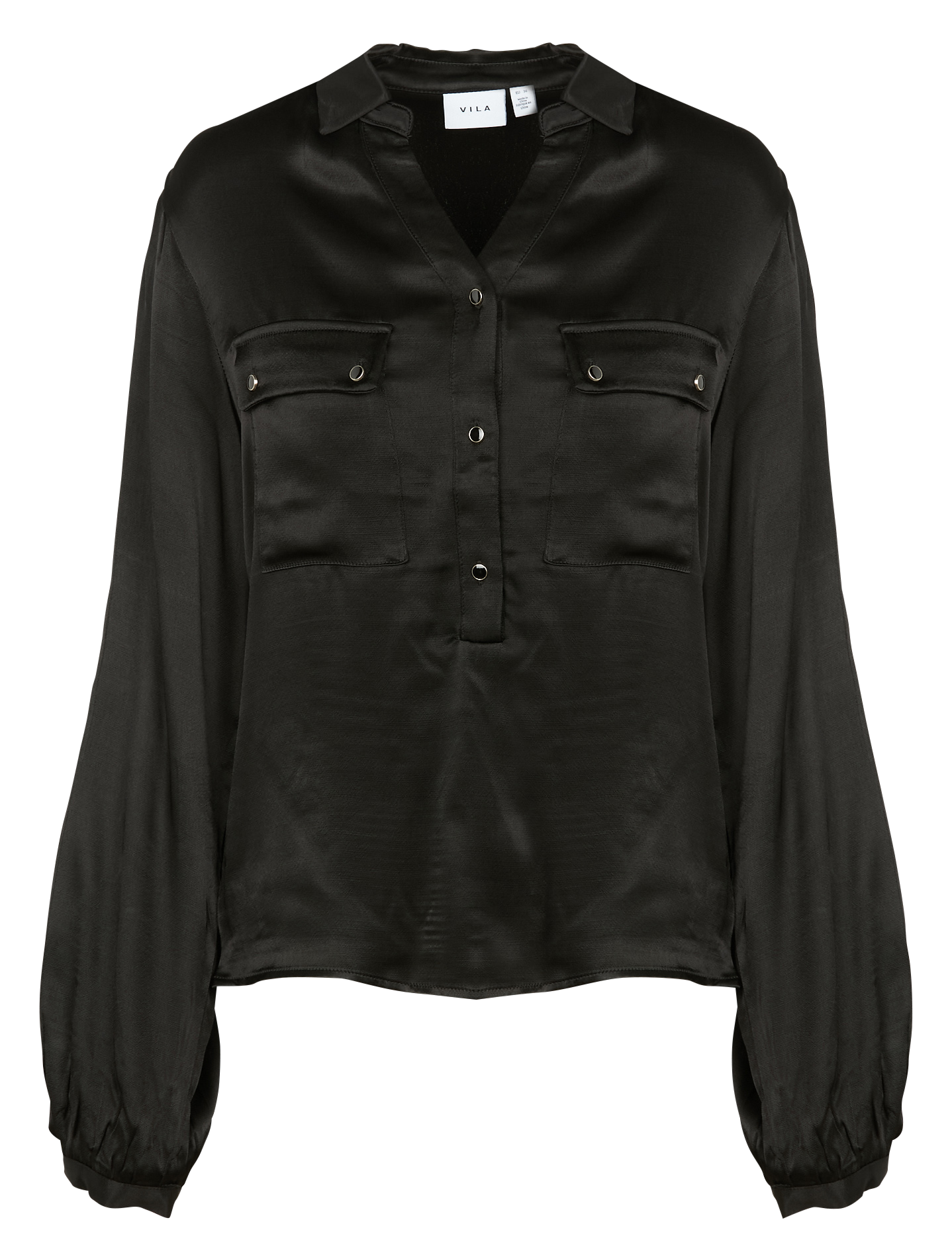 Blouse col V à revers satinée | Noir
