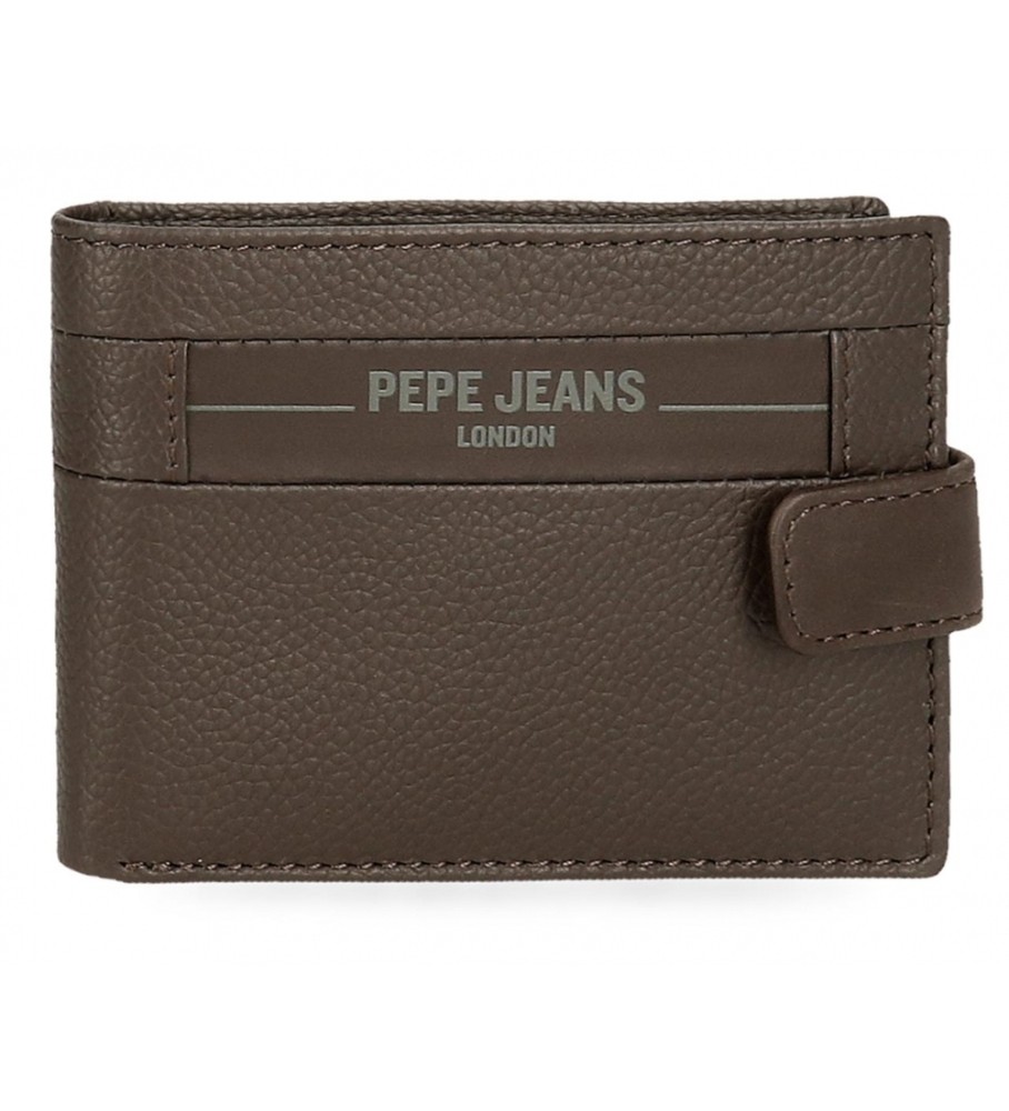 Carteira vertical Pepe Jeans Checkbox em couro marrom com fecho de clique
