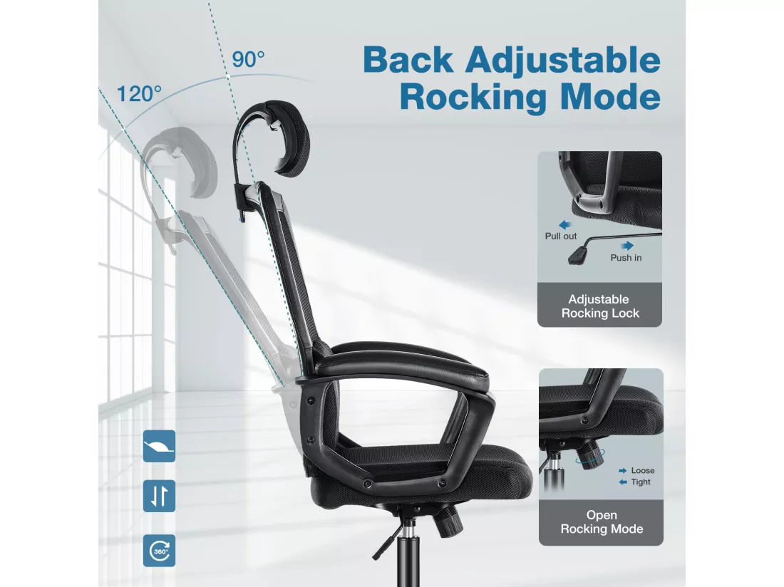 Chaise de bureau, chaise de bureau pivotante avec appui-tête et support lombaire réglables, dossier haut ergonomique, noir