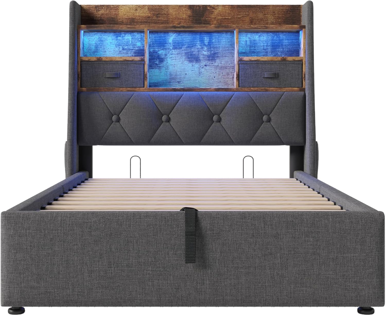 Boxspringbett 90x200 mit LED, Polsterbett Hydraulisch Einzelbett mit Stauraum und 3 USB und 1 Typ C-Port, Bettkopfteil mit Seitentaschen, Grau Leinen, ohne Matratze