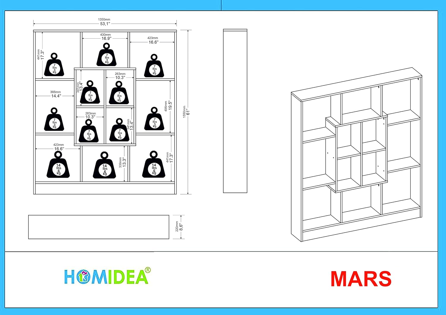 Homidea Mars Bücherregal - Standregal - Büroregal - Raumteiler in trendigem Design (Schwarz/Nussbaum)