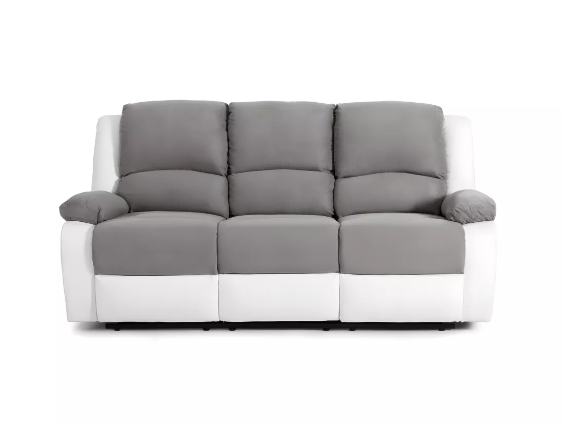 Canapé Relaxation 3 places Microfibre et Simili Léo - Blanc et Gris - L193 x 93 x 96cm - Loungitude
