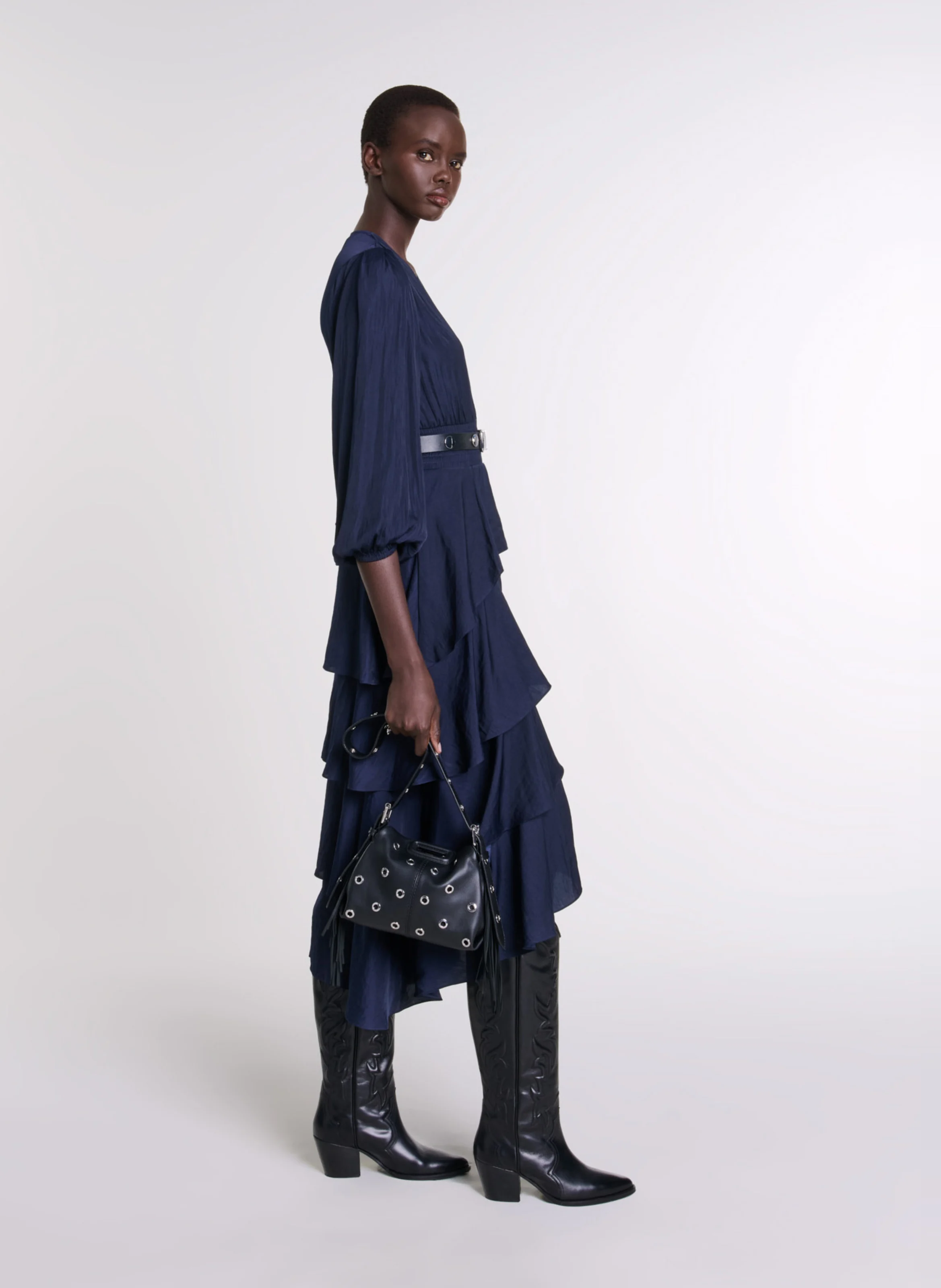 Robe longue col V à volants| Bleu